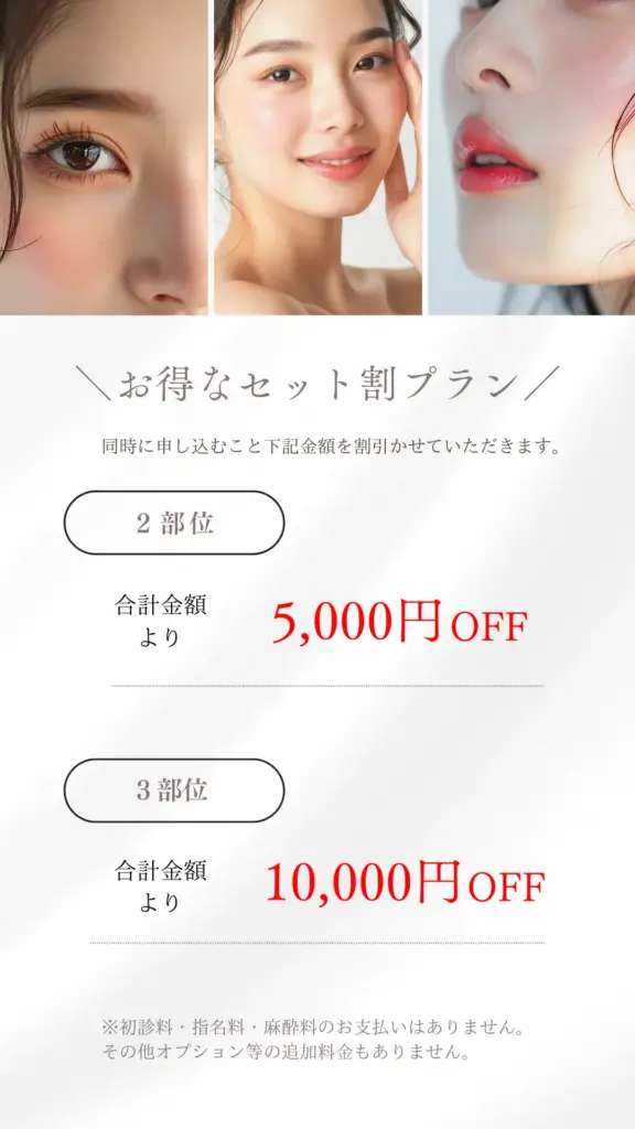 名古屋・栄にあるシンプルアートメイクの施術箇所の同時申込により料金が割引される説明を書いた表
